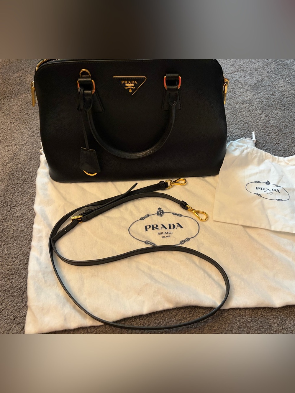 Prada Black Saffiano Satchel with Gold Hardware and Removable Strap
